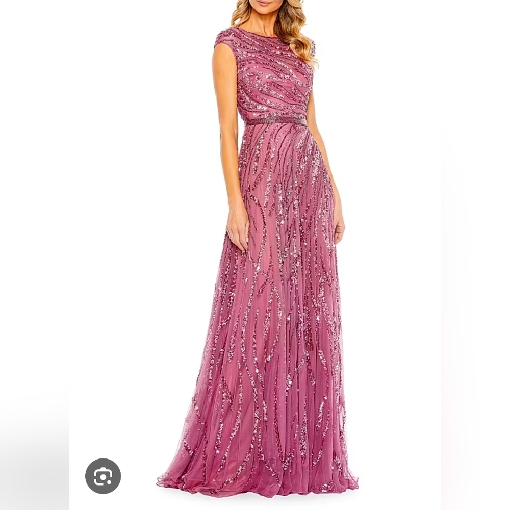 Mac Duggal Sequined Cap Sleeve Boat Neck Gown